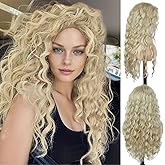 GNIMEGIL 26 Inch Long Blonde Curly Wigs for Women Golden Wig Wavy Synthetic Wig Heat Resistant Looking Natural Hair Halloween Costume for Girls Cosplay