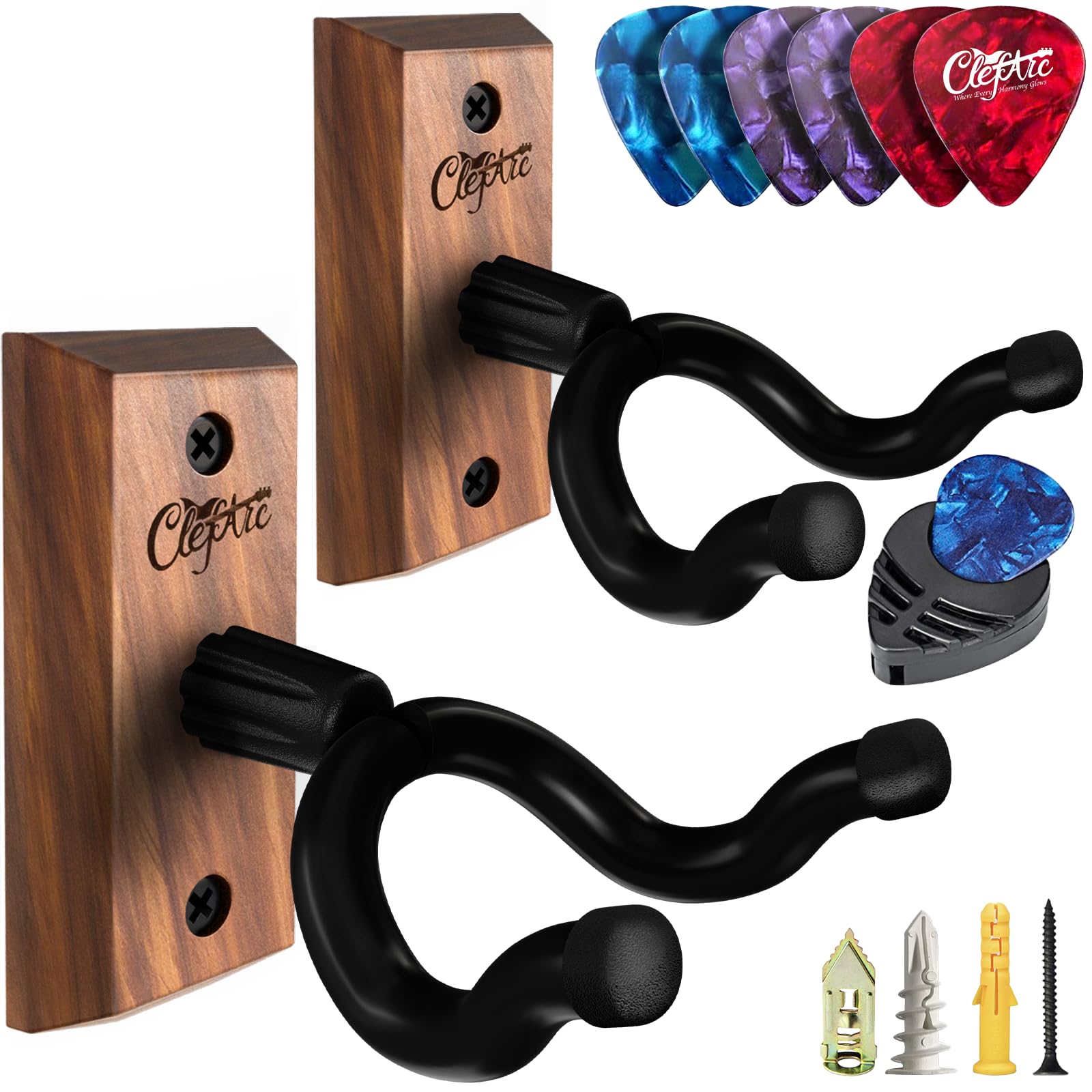 ClefArc Guitar Wall Hanger 2 Pack U-Shaped Walnut Mount