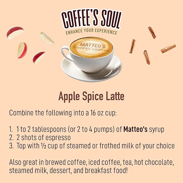 MATTEO’S APPLE SPICE SYRUP FOR COFFEE, LATTES, CAPPUCCINOS & DESSERTS – SUGAR-FREE SWEETENER FOR BEVERAGES, KETO FRIENDLY, ZERO CALORIES, INDULGENT FLAVOR, NON-ALCOHOLIC, IDEAL FOR COFFEE 33.8OZ (1PK)
