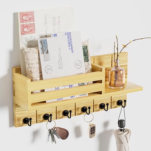 SWTYMIKI Key Holder for Wall - Key Hooks Wall Mounted with Shelf Includes Letter Holder & 6 Hooks, Key Racks with Mail Organizer, Key Hanger for Living Room, Kitchen, Office, Entryway, Bedroom(Wood)