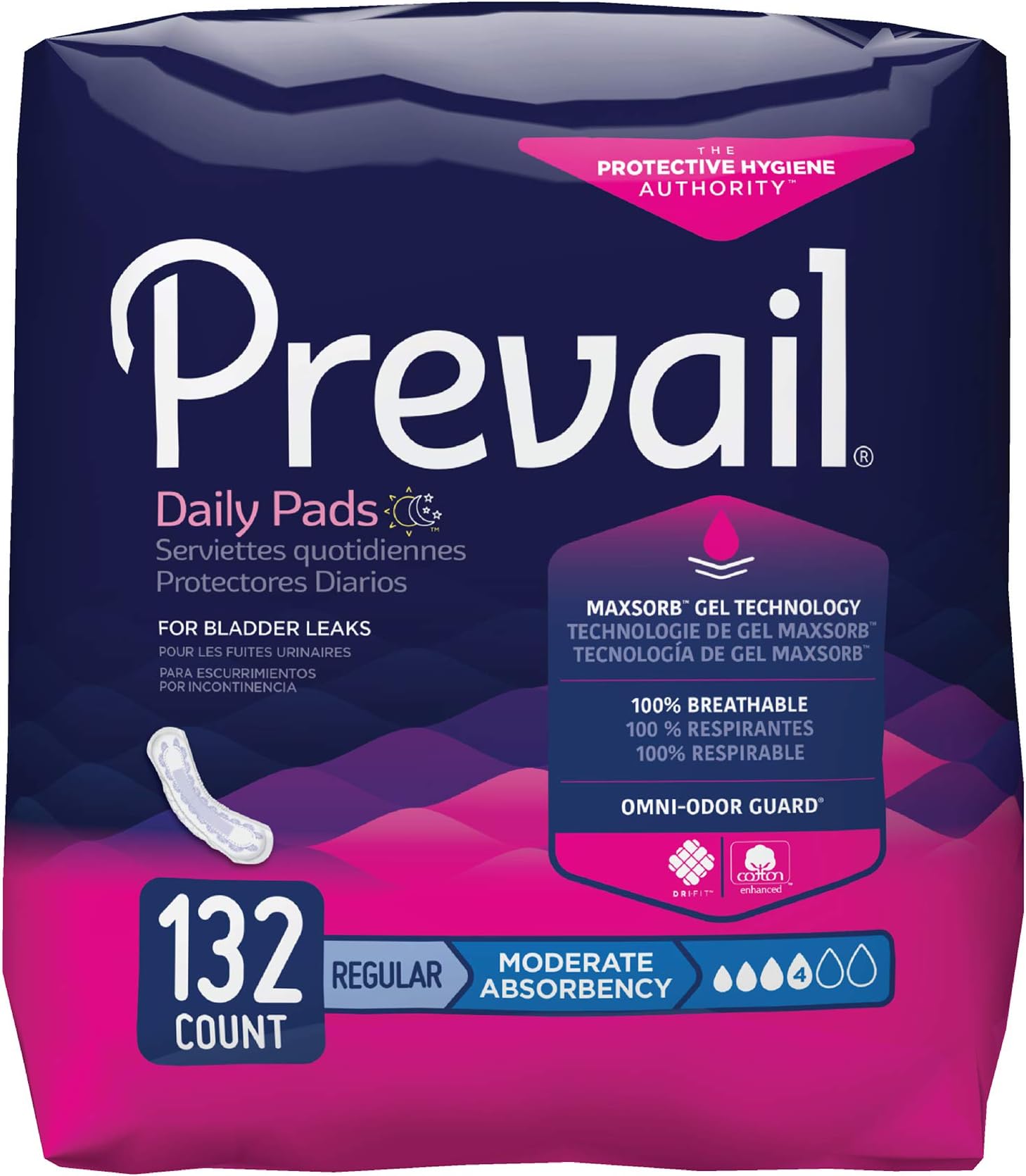 Prevail Moderate Absorbency Regular Length Bladder Control Pad, 132 Count