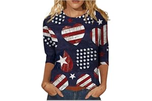 LPIGOH 4th of July Shirts Women, 3/4 Sleeve Tops Crew Neck Independence Day Shirts, Patriotic Tunic Tops to Wear with Leggings