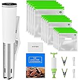 SUSTEAS Sous Vide,1200W Sous Vide Cooker with 15 Vacuum Bags Pump Recipe, Silence Sous Vide Machine Digital Timer Temperature Control, Immersion Circulator for Kitchen, IPX7, White