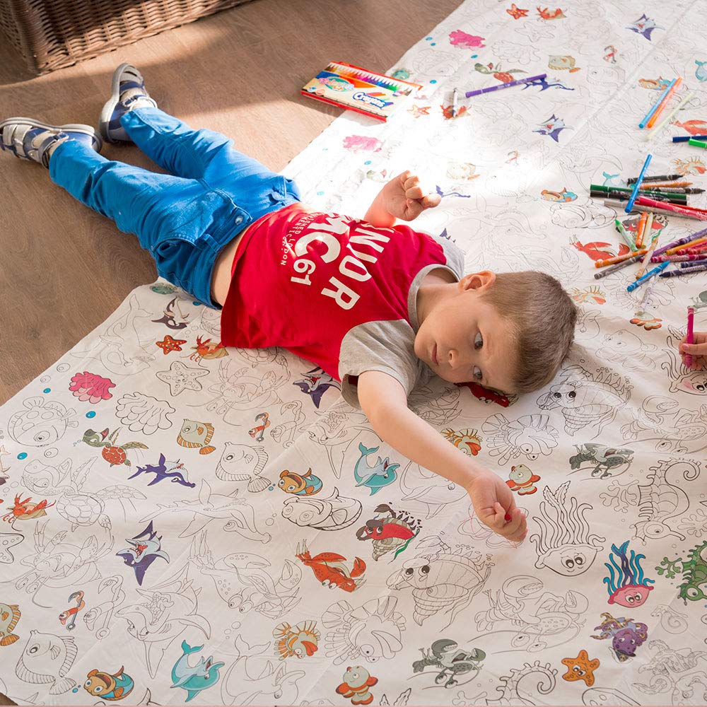 3 in 1 Large Coloring Tablecloth Water Resistant Poster for Kids and Toddlers Colorable Frame «Sea Animals» Fun Painting Activity for Party and Decor Paper Table Doodle Board