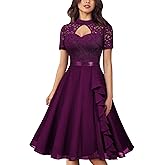 Miusol Women's Vintage Half Neck Cut-Out Lace Ruffle Style Cocktail Party Dress (X-Large, Maroon)