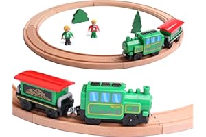 HANQIANN Wooden Train Set for Toddler,14pcs Battery Operated Locomotive Train Included Wooden Train Tracks,Wood Train Toys for 3 4 5 Years Old Boys