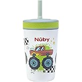 Nuby Thirsty Kids Insulated Toddler Cup with Silicone Flexstraw - 12 oz - Stainless Steel and Leak-Resistant - 18+ Months - Monster Trucks