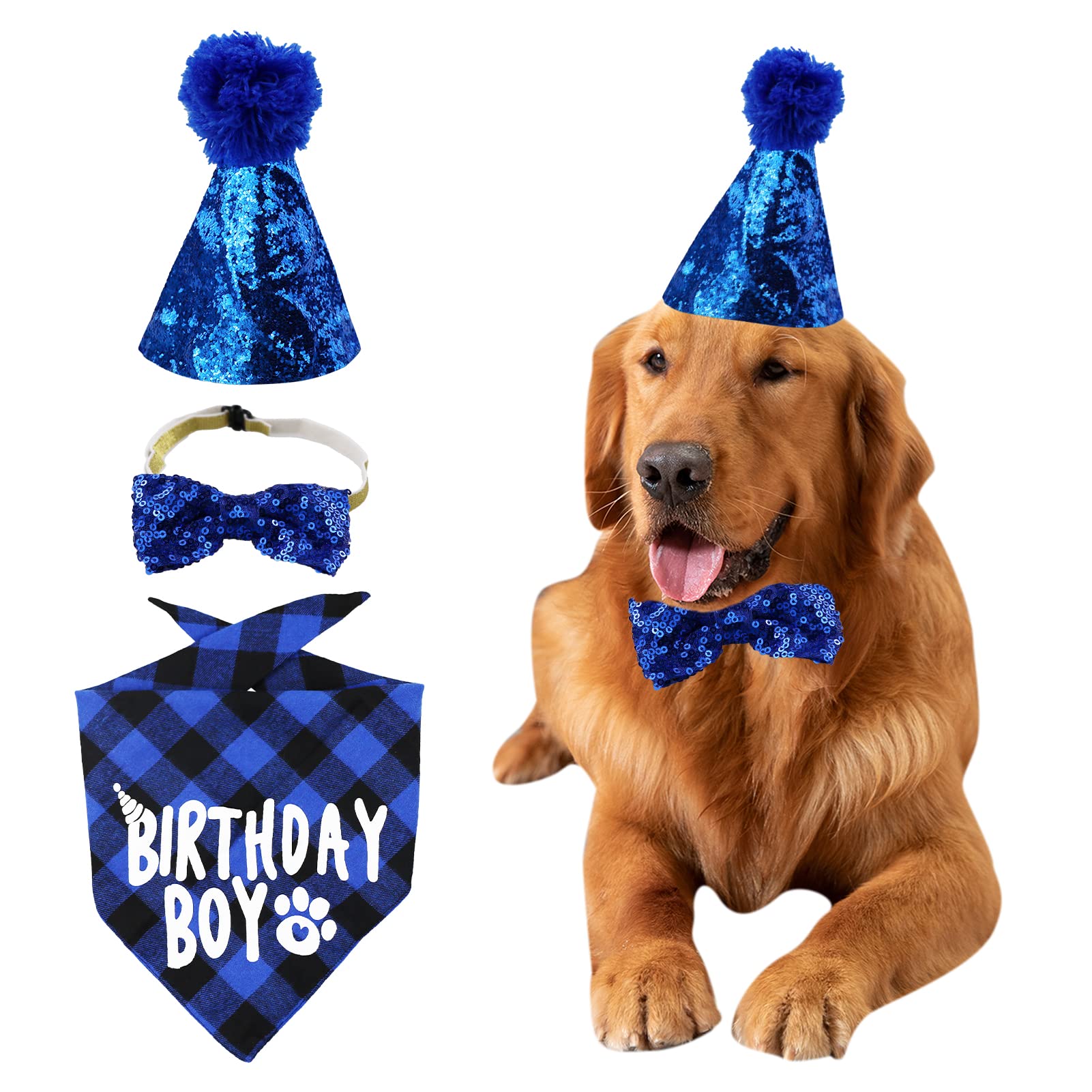 LAMXD Dog Birthday Bandana Hat Bow Tie Set, Pet Party Supplies, Decorations, Great Puppy Birthday Outfit for Boys