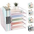 AUPSEN Office Desk Organizer, 5-Tier Paper Letter Tray with File Holder Multifunction Office Supplies and Accessories for Office School Home (Pink)