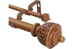 BHSRODS 1 Inch Wood Double Curtain Rod with Vintage-style Finials-Tension Curtain Rods 48-84 Inchs for Bedroom&Home Decor