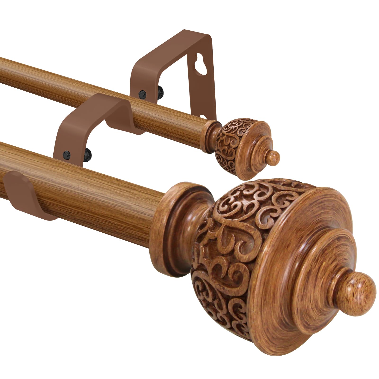 Photo 1 of 1 Inch Simulated Wood Double Curtain Rod with Vintage-style Finials-Tension Curtain Rods 84-120 Inchs for Bedroom&Home Decor