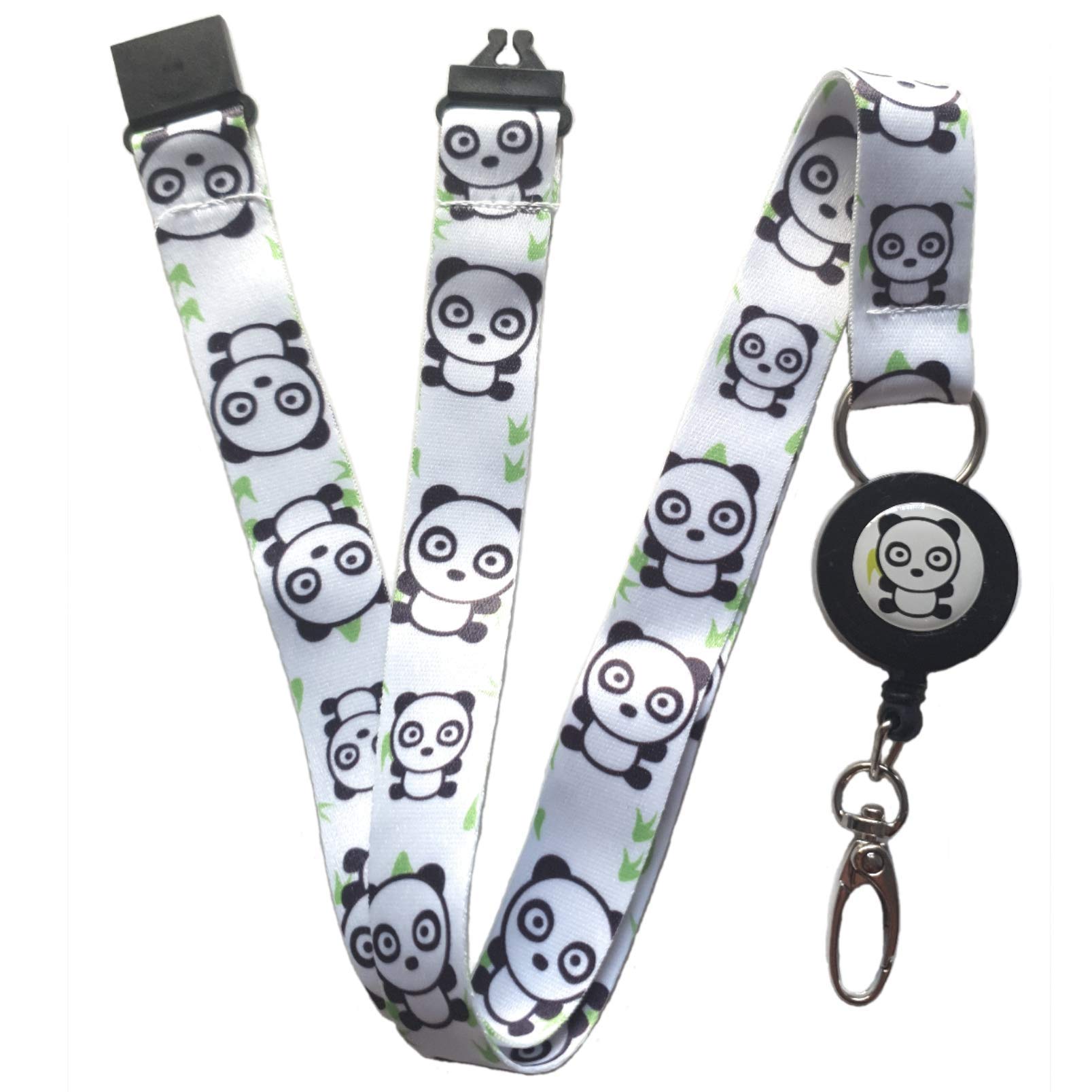 SpiriuS Retractable Lanyard Neck Strap for id Card Badge Holder with Safety Clip Breakaway (Retractable Pandas in White)