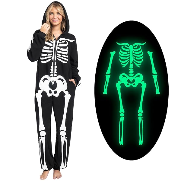 SPOOKTACULAR CREATIONS ADULT SKELETON COSTUMES FOR WOMEN GLOW IN THE DARK SKELETON JUMPSUIT ZIP-UP HOODED JUMPSUIT HALLOWEEN COSPLAY COSTUME