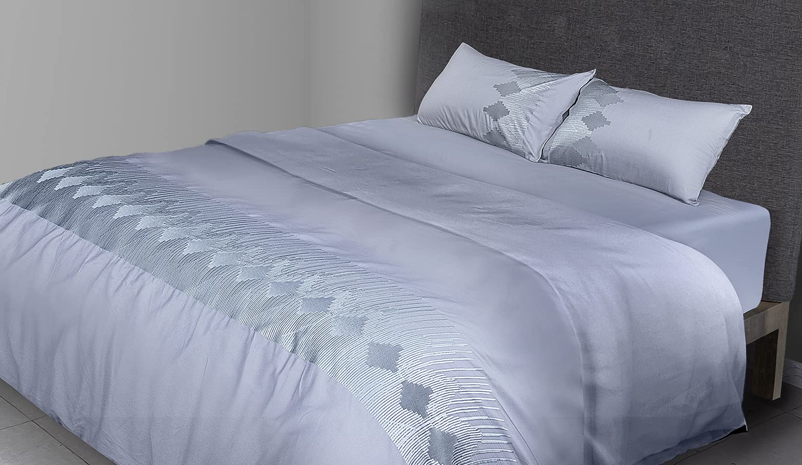 FLAX LINEN 4-Piece Double Duvet Set, Gloria Silver Collection, 400 TC Long Staple Organic Egyptian Cotton Bedding, Includes 1 Duvet Cover + 1 Fitted Sheet + 2 Pillowcases, Grey