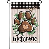 Artofy Welcome Dog Cat Paw Small Decorative Garden Flag, Eucalyptus Leaves Buffalo Plaid Check Yard Lawn Outside Decor, Farmhouse Rustic Burlap Outdoor Home Decoration Double Sided 12 x 18