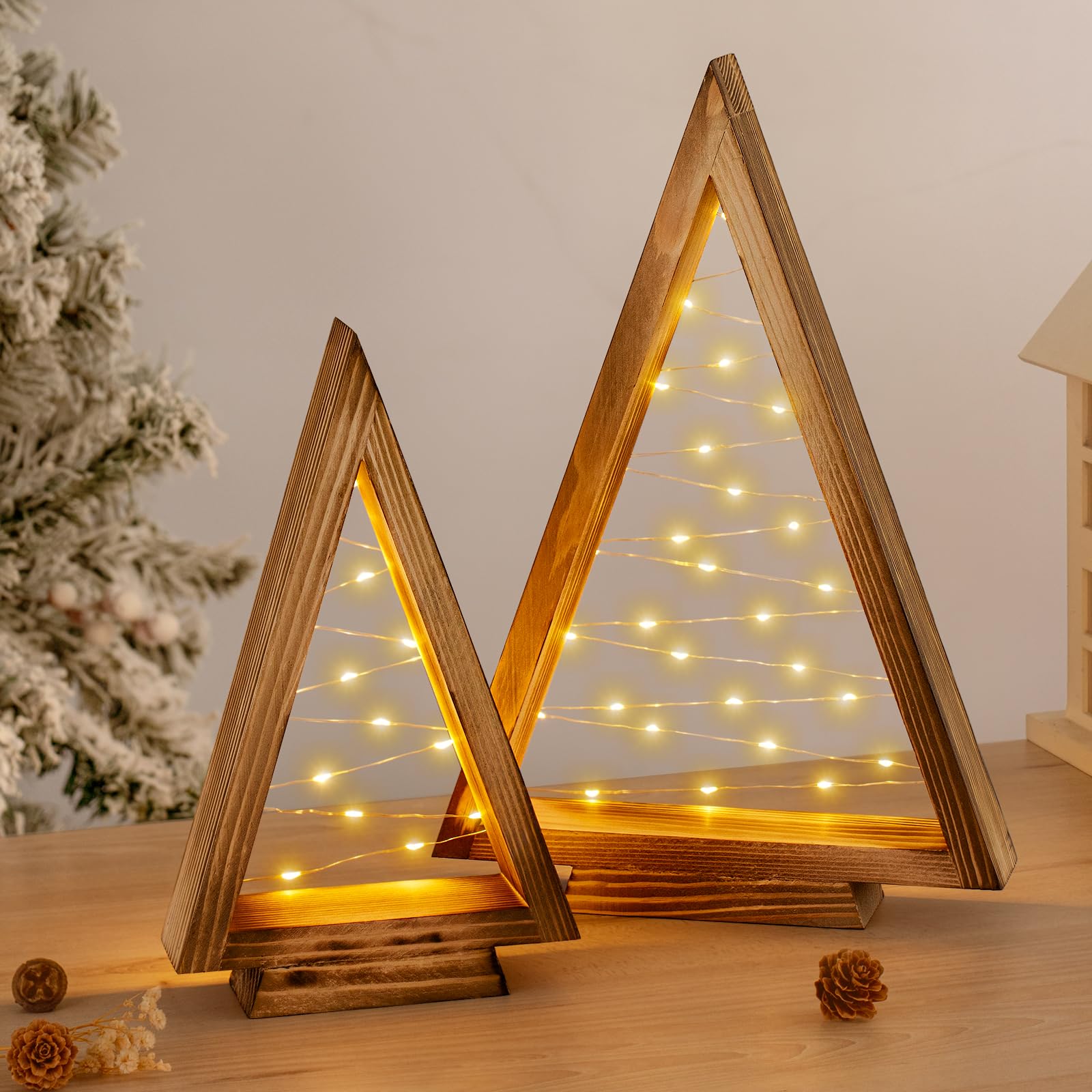 Photo 1 of Yongmao Wood Christmas Tree LED Light with Timer, Modern Farmhouse Wooden Christmas Tree for Home Fireplace Tabletop Indoor Decor, Christmas Decorations Set of 2 (Large 13.8" Small 10.4")