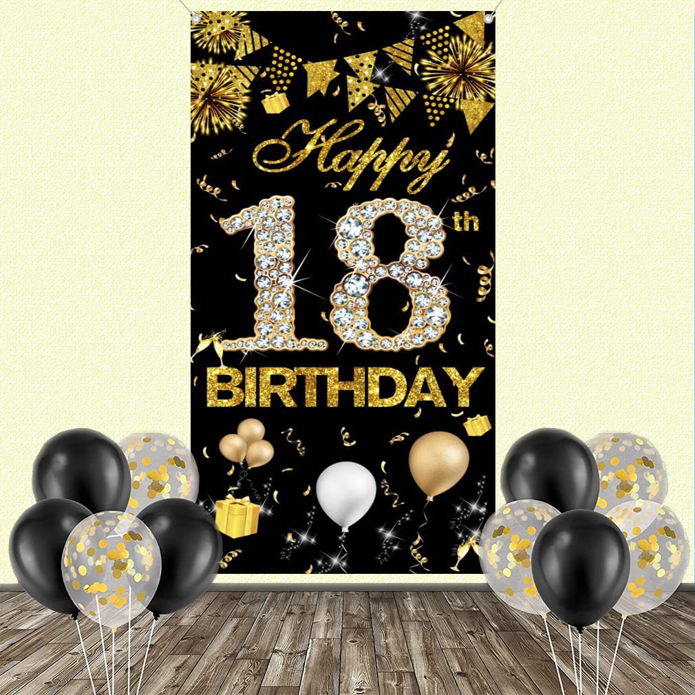 Happy 18th Birthday Decoration for Girl, Cute 18th Birthday Banner Black and Gold, Fabric Sign 18th Birthday Poster, 18th Birthday Door Banner For Girls Birthday Party Welcome Sign