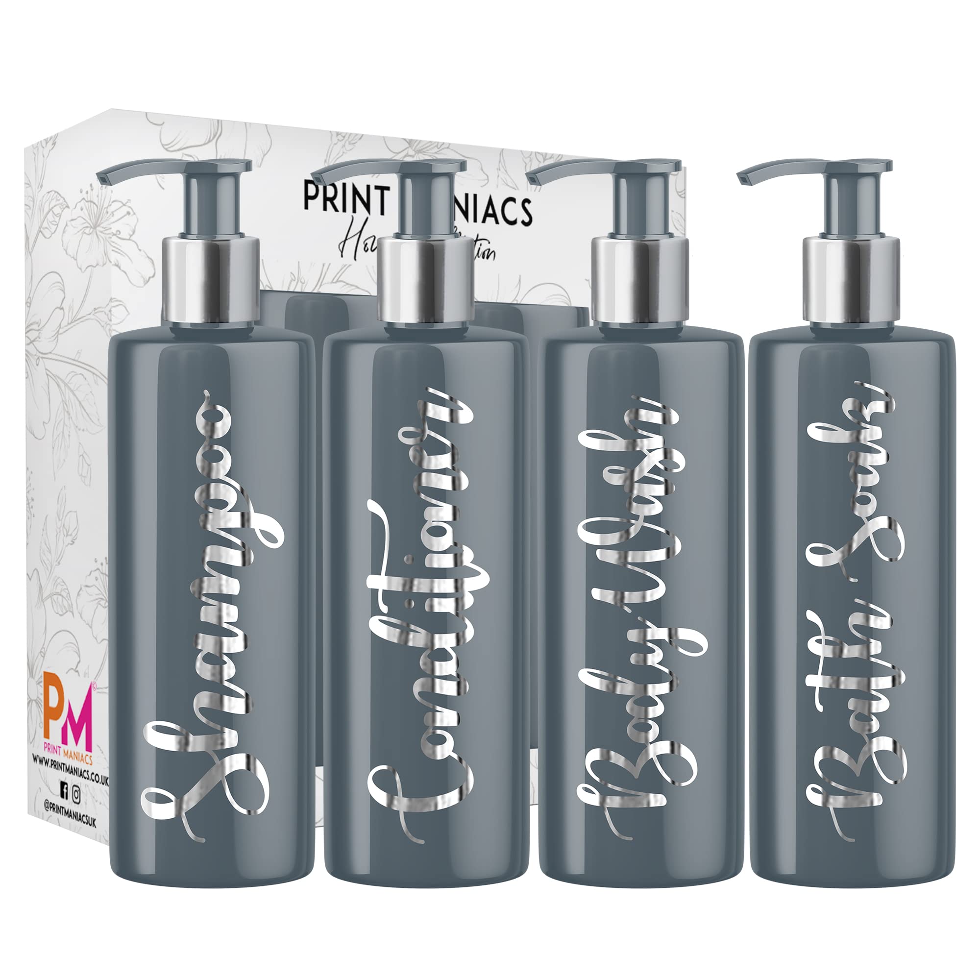 Print Maniacs Grey Mrs Hinch Inspired Personalised 500ml Pump Bottles Bathroom Set Shampoo Conditioner Body Wash Bath Soak (Silver)
