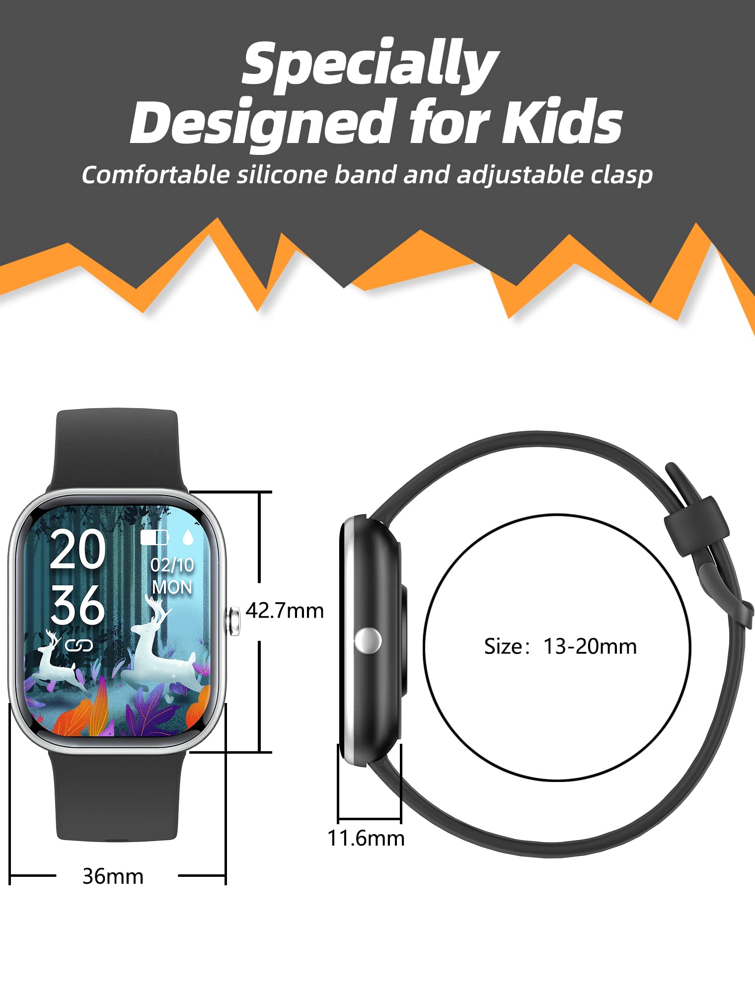 Slothcloud Kids Smart Watch for Boys Girls,IP68 Waterproof Fitness Activity Tracker Watch,Heart Rate Sleep Monitor,8 Sport Modes,Pedometers,Calories Counter,Alarm Clock,Kids Gifts Teens 5+ (Black)