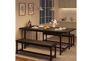 IDEALHOUSE 3 Piece Dining Table Set for 4-6, 63" Extendable Thick Metal Frame Kitchen Table with 2 Upholstered Benches Set for 6, Rectangle Wooden Dinette Table Set for Dining, Apartment, Retro Black