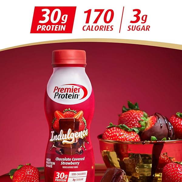 PREMIER PROTEIN SHAKE INDULGENCE, CHOCOLATE COVERED STRAWBERRY, 30G PROTEIN, 170 CALORIES, 3G SUGAR, 11.5 FL OZ, 12 PACK (PACKAGING MAY VARY)