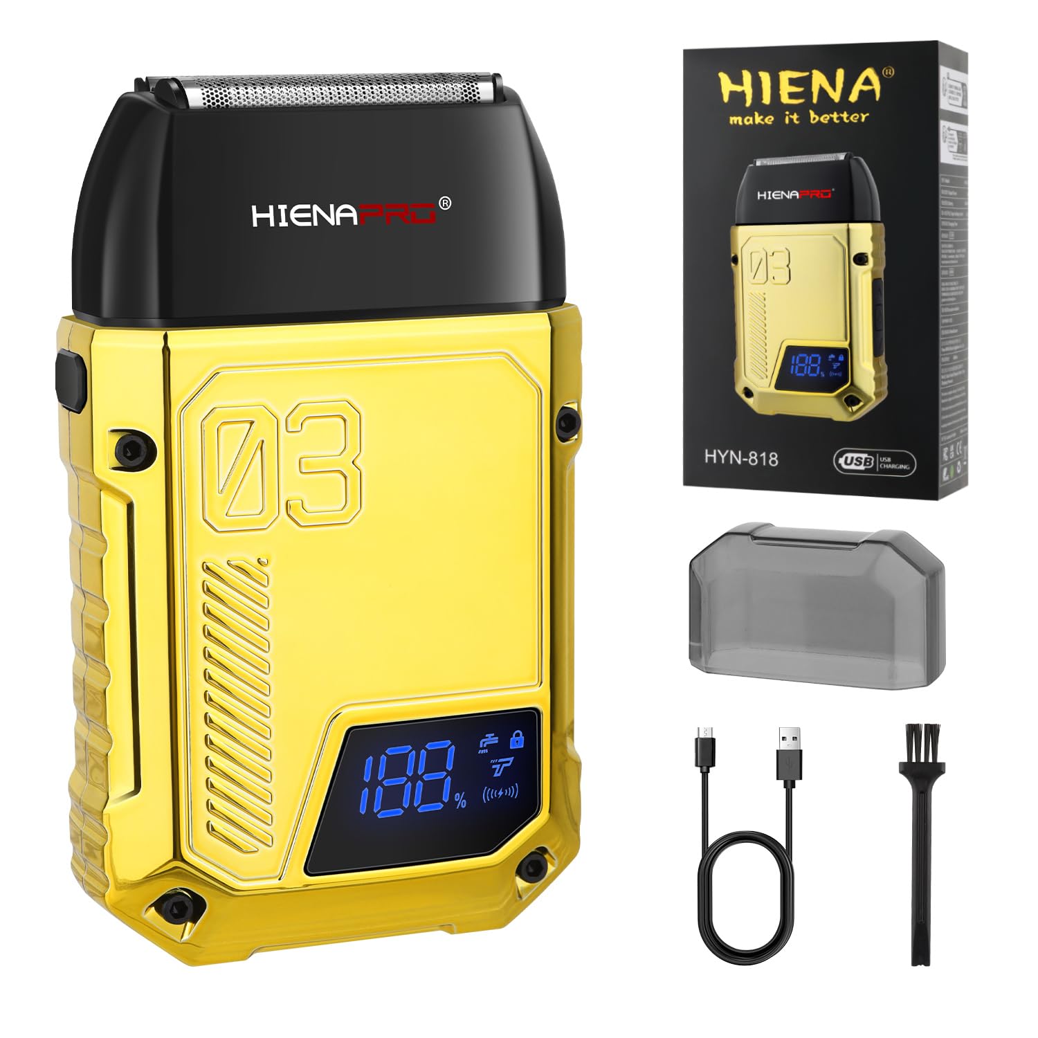 HIENA PRO Professional Foil Shaver for Men, Men's Double Electric Foil Shavers，Electric Razor for Men Barber，Mens Shavers Electric Cordless Rechargeable with LED Display (Gold)