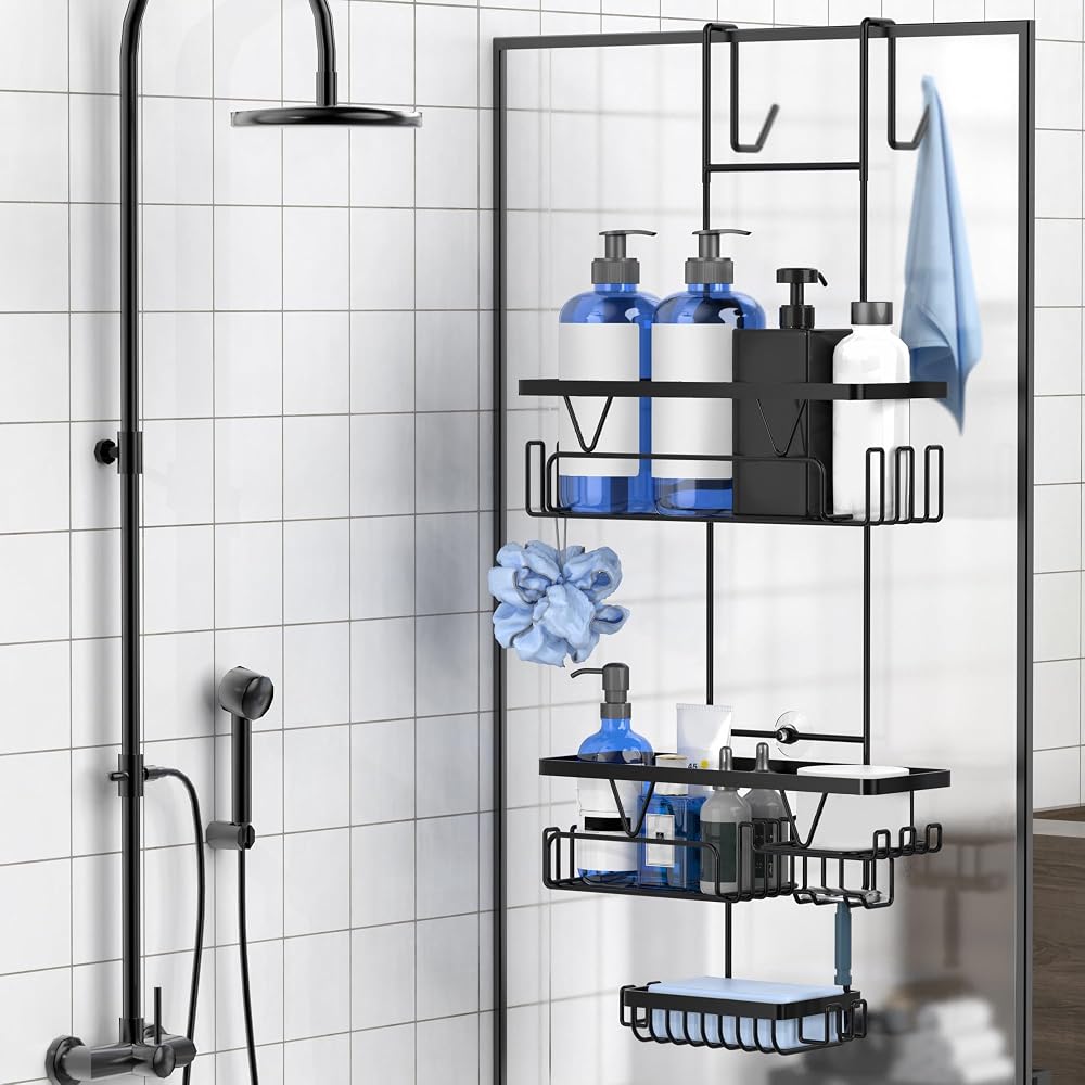 KEGII Hanging Shower Caddy Over Door Rack Black Stainless Steel