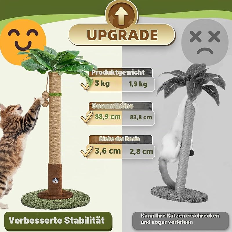 Kratzbaum mit Sisalseil für Indoor-Katzen, Palmen-Kratzbäume, Pflanzenkratzbaum, interaktiver Ball und Maus, Katzenspielzeug für Erwachsene Katzen und Kätzchen, 89 cm hoch, Grün