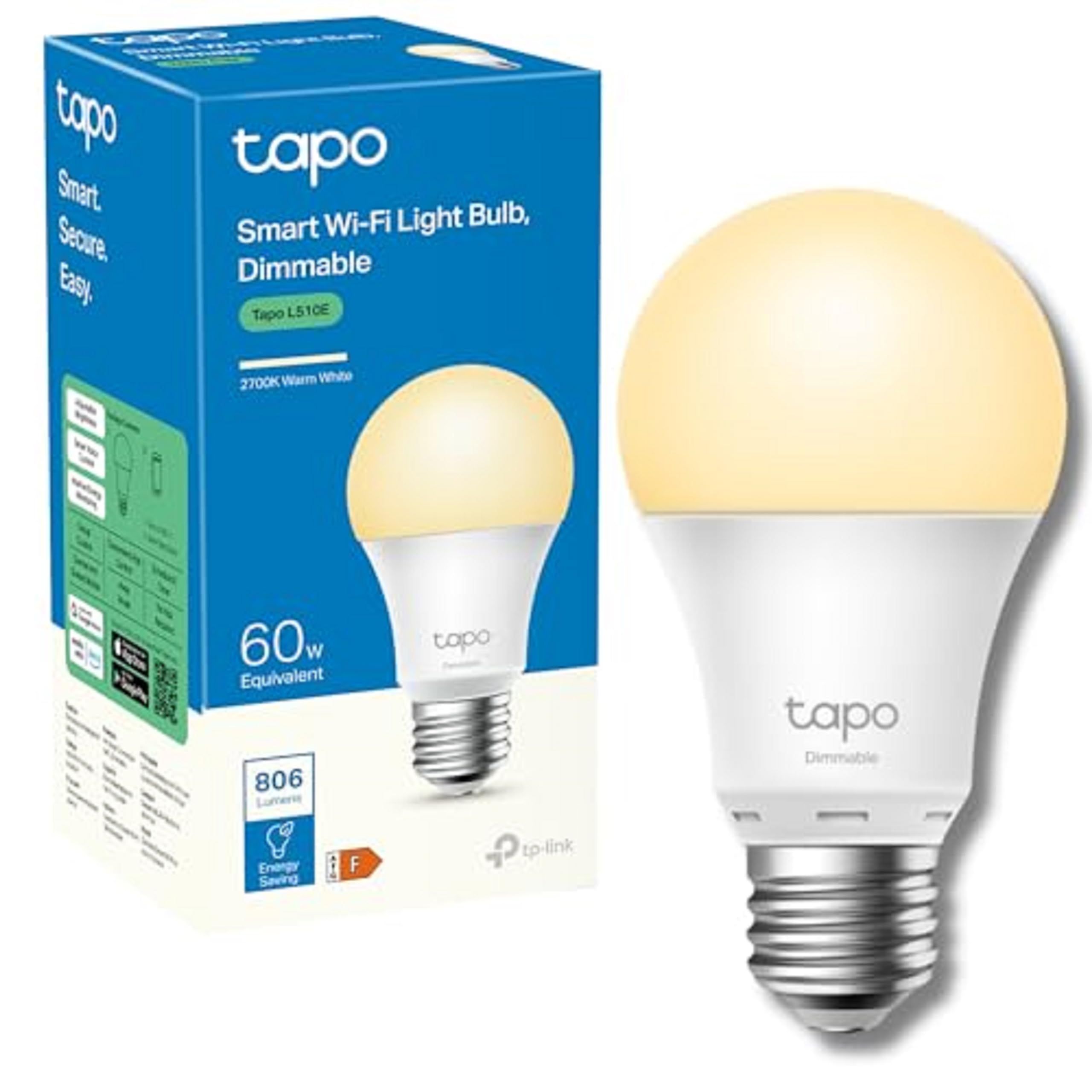 Tapo L510E Smart Bulb, Smart WiFi LED Light, E27, Works with Amazon Alexa(Echo and Echo Dot), Google Home, Dimmable Soft Warm White, No Hub Required [Energy Class F]