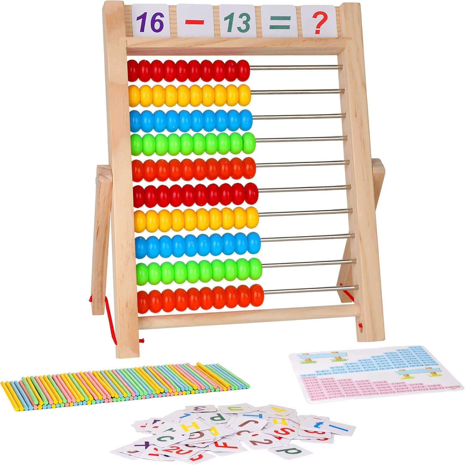 Wooden Frame Abacus for Kids Math，Kid Learning Toy with Multi-Color Beads, Counting Sticks, Number Alphabet Cards, Manipulative Math Calculating Tool (small)