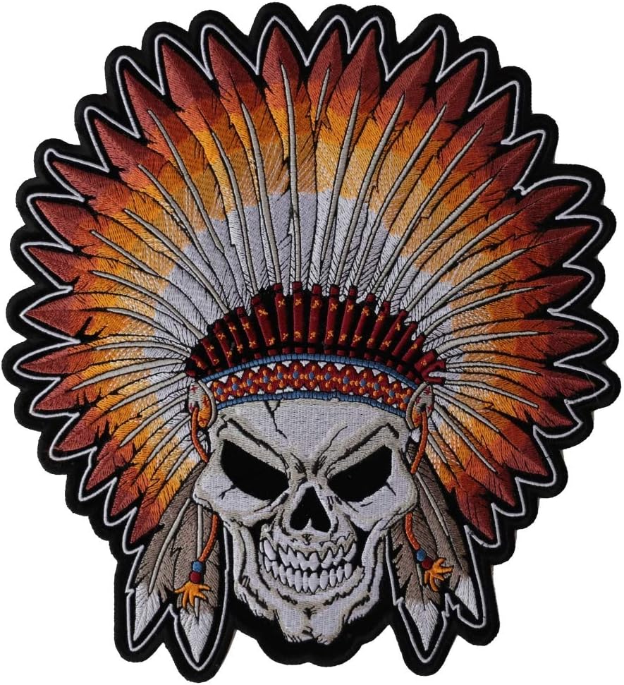 Amazon Com Skull With Indian Head Dress Large Back Patch 10x11 Inch Embroidered Iron On Patch Arts Crafts Sewing