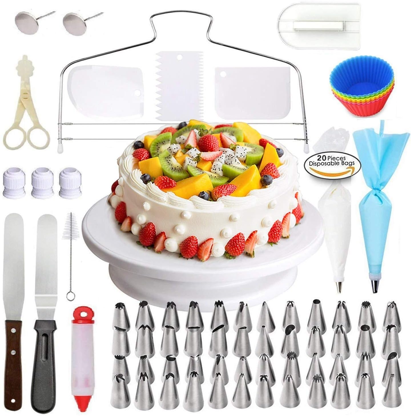 XIANGBAN Cake Decorating kit Professional 94pcs Tools with 48 Icing Nozzles Tips, Turntable Stand, Letter Cutters Spatula & Smoother, Disposable & Reusable Pipings Bags, Pastry Cupcake Silicone Molds