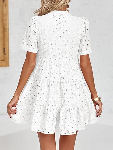 Imily Bela Womens Summer Eyelet Dresses Casual Flowy Babydoll Swing Short  Sleeve V Neck Lace Tunic Dress White in Kenya | Whizz Casual