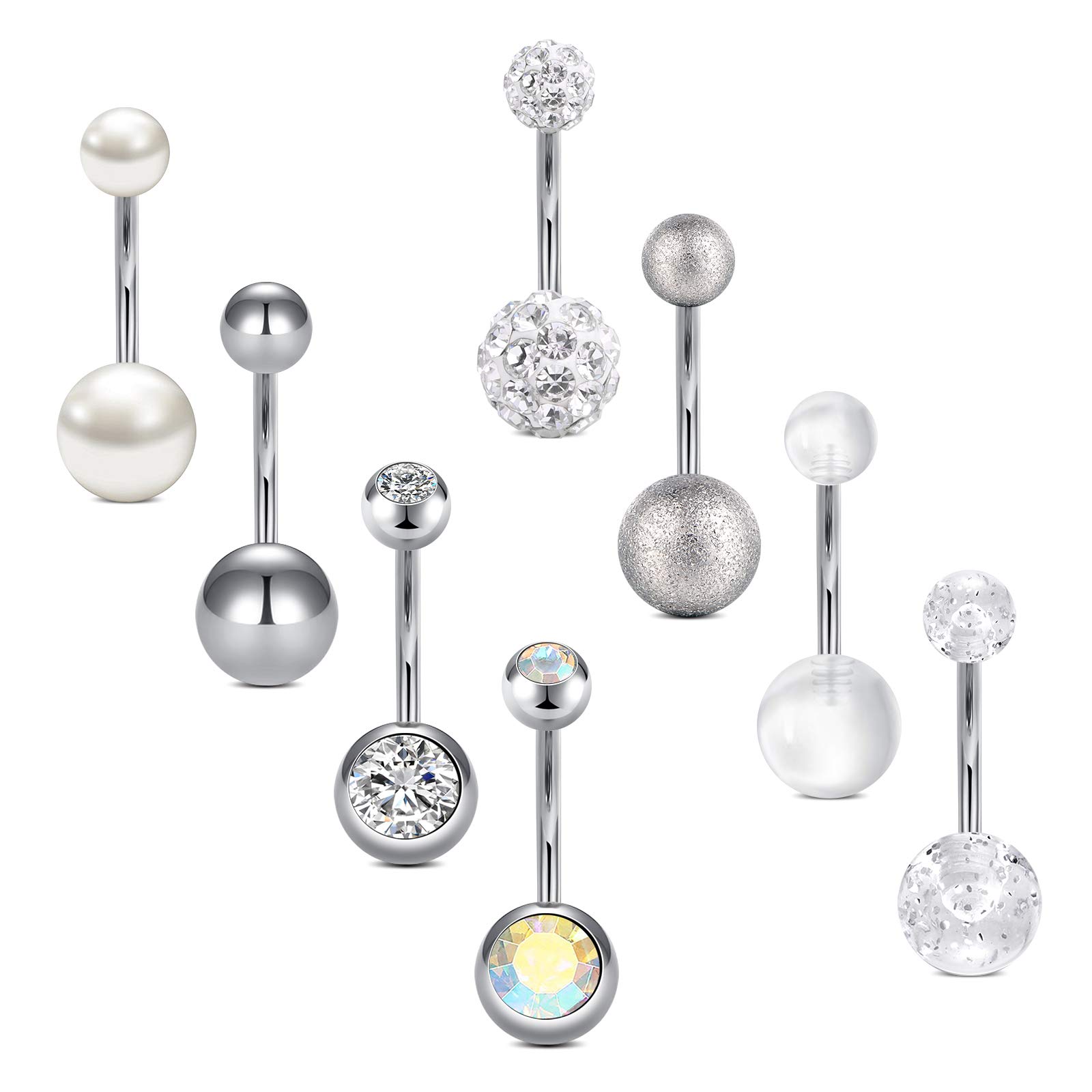 Crdifu 8pcs Silver Belly Bars Pack 14G Surgical Steel Belly Button Rings Piercing Jewellery 8/10/12/14mm Available