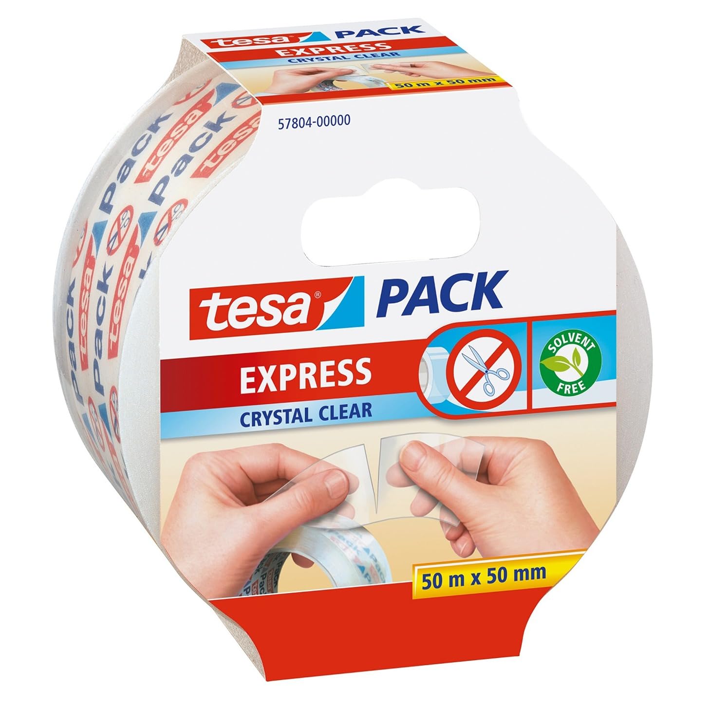 tesa Pack EXPRESS Packaging Tape - Hand Tearable Self-adhesive Roll for Fast Packaging of Parcels and Gifts - 50 m x 50 mm - Transparent