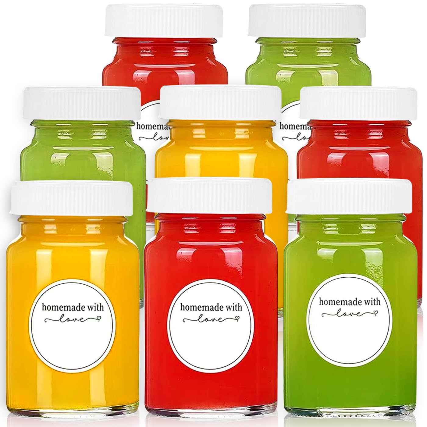 Showvigor 8pcs 2oz Glass Juice Bottles with Lids & Labels, Reusable Small Clear Jar for Juice, Ginger, Liquor, Potion, Leakproof Travel Portable Mini Bottles