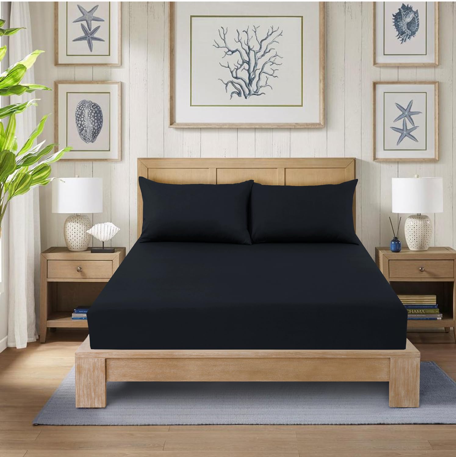 CHARKHAH Polycotton Fitted Sheet for Single Double King Super King Bed 200 Thread Count Anti Wrinkle Plain Bedding 25 cm Extra Deep Fitted Sheets Cover with Elastic Edges (Black, Single)