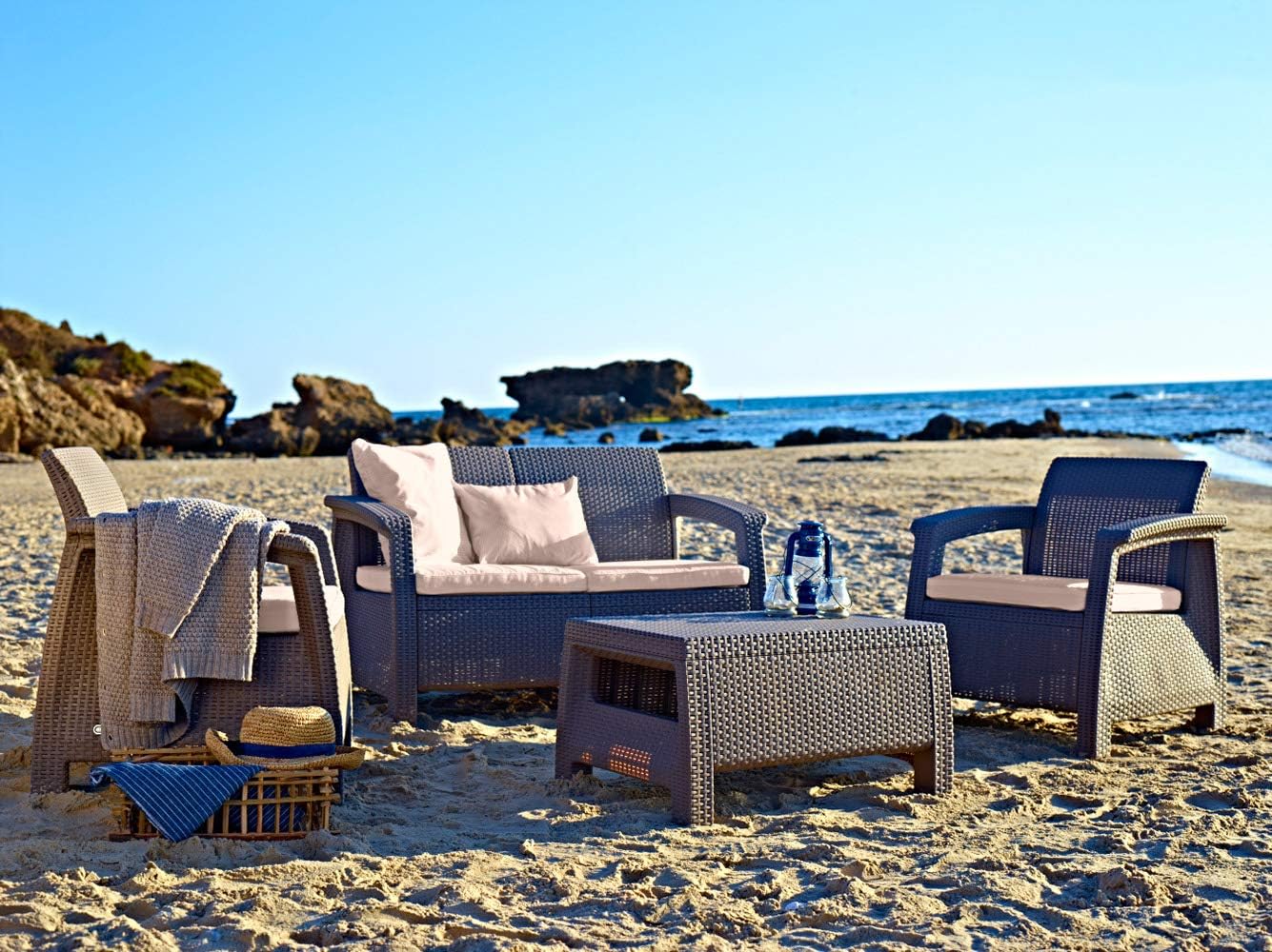 Keter Corfu Resin Wicker Outdoor Loveseat Patio Couch with Washable Cushions - Perfect for Balcony, Deck, and Poolside Seating and Furniture Sets, Brown : Patio Loveseats : Garden & Outdoor