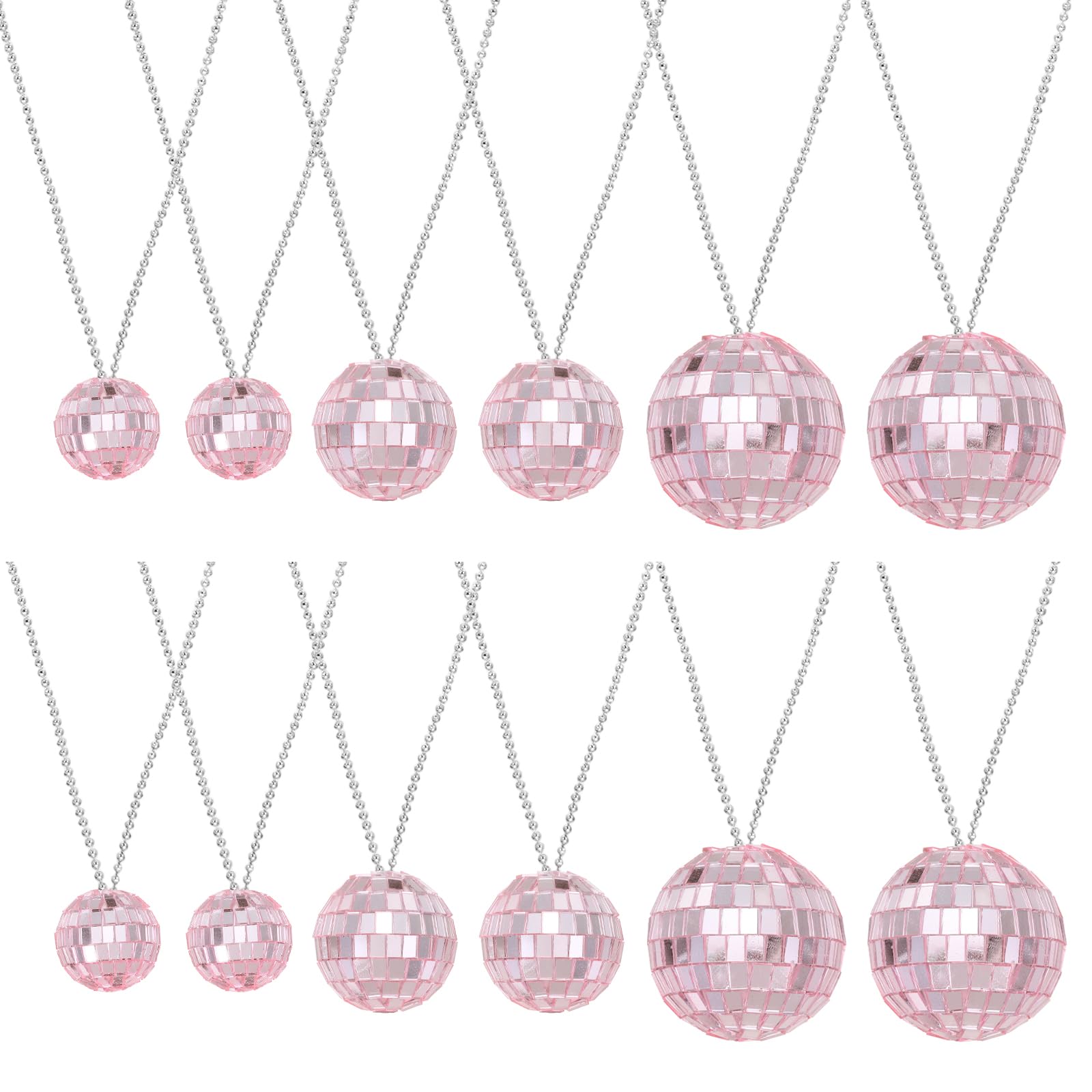 sourcing map Mirror Disco Ball Necklace, 1.2"/1.5"/2" 70s Disco Party Necklaces for Costume Game Dance Supplies Birthday Parties Festival Jewelry Accessories, (Pink, Pack of 12)