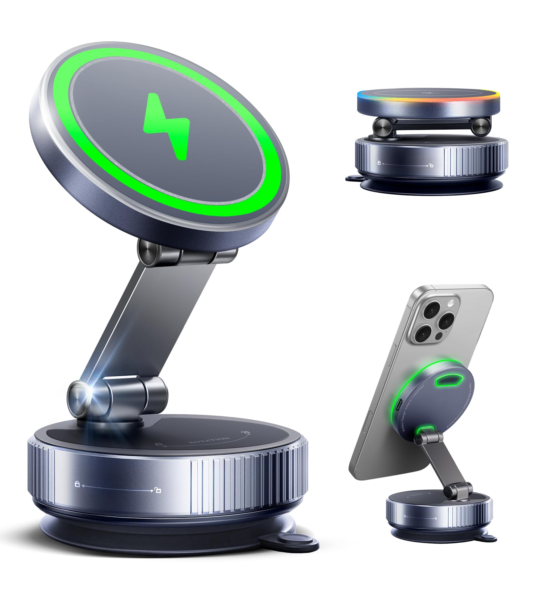 Magnetic Phone Charging Holder Mount for Magsafe Car Mount Charger, 15W Fast Charger Wireless [108+LBS Suction & 3800gf Magnetic], 360° Vacuum Magnetic Phone Holder for iPhone 17 Pro Max Air 16-12