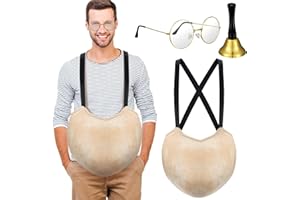 Suhine 3 Pcs Christmas Santa Belly Costumes Set Fake Padded Belly Round Clear Lens Glasses Gold Hand Bells for Men