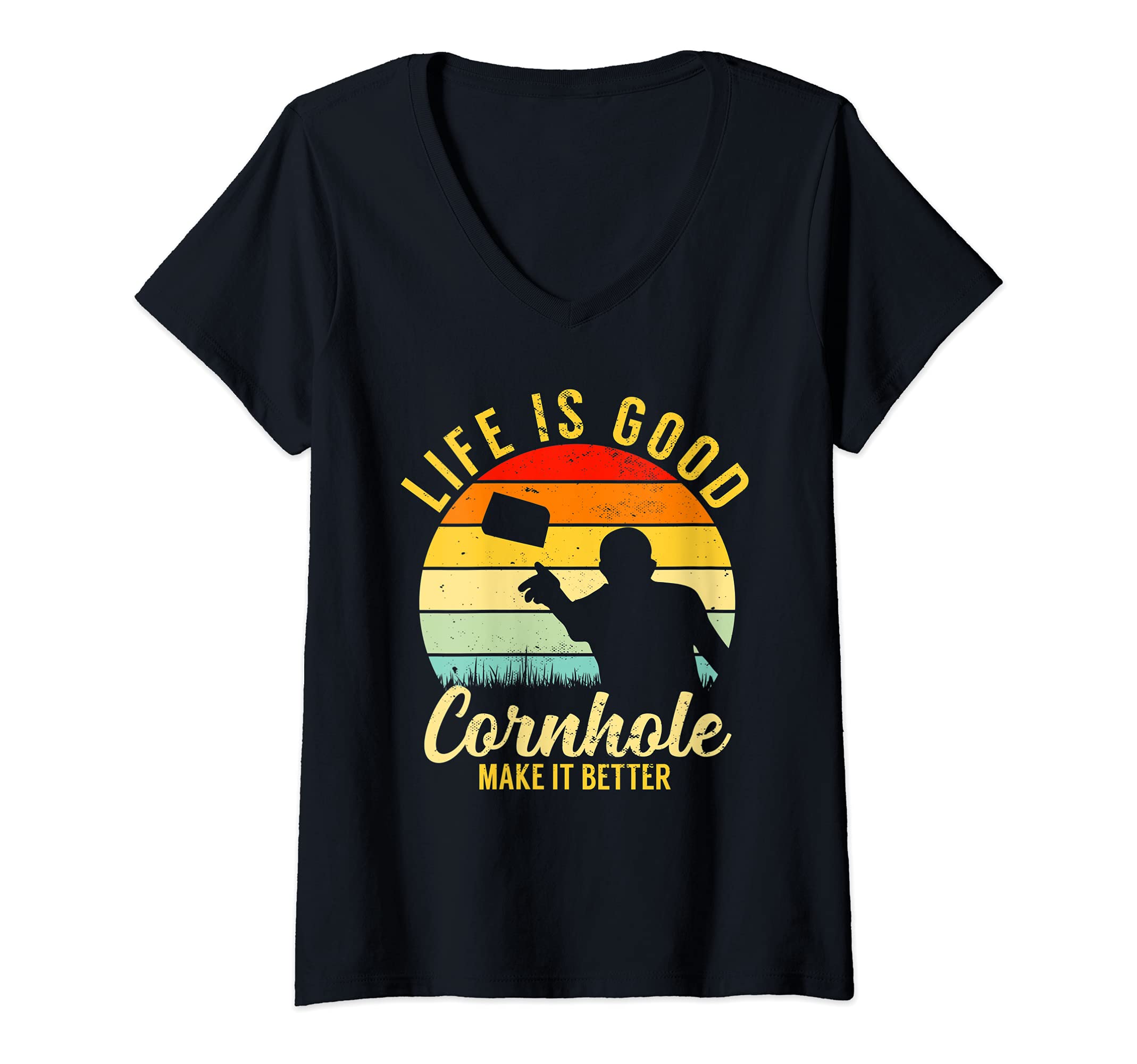 Womens Life Is Better Cornhole Vintage Retro Team Tournament V-Neck T-Shirt