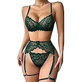 Lilosy Sexy Floral Embroidery Mesh Sheer Underwire Push Up Garter Belt Lingerie Set 3 Piece