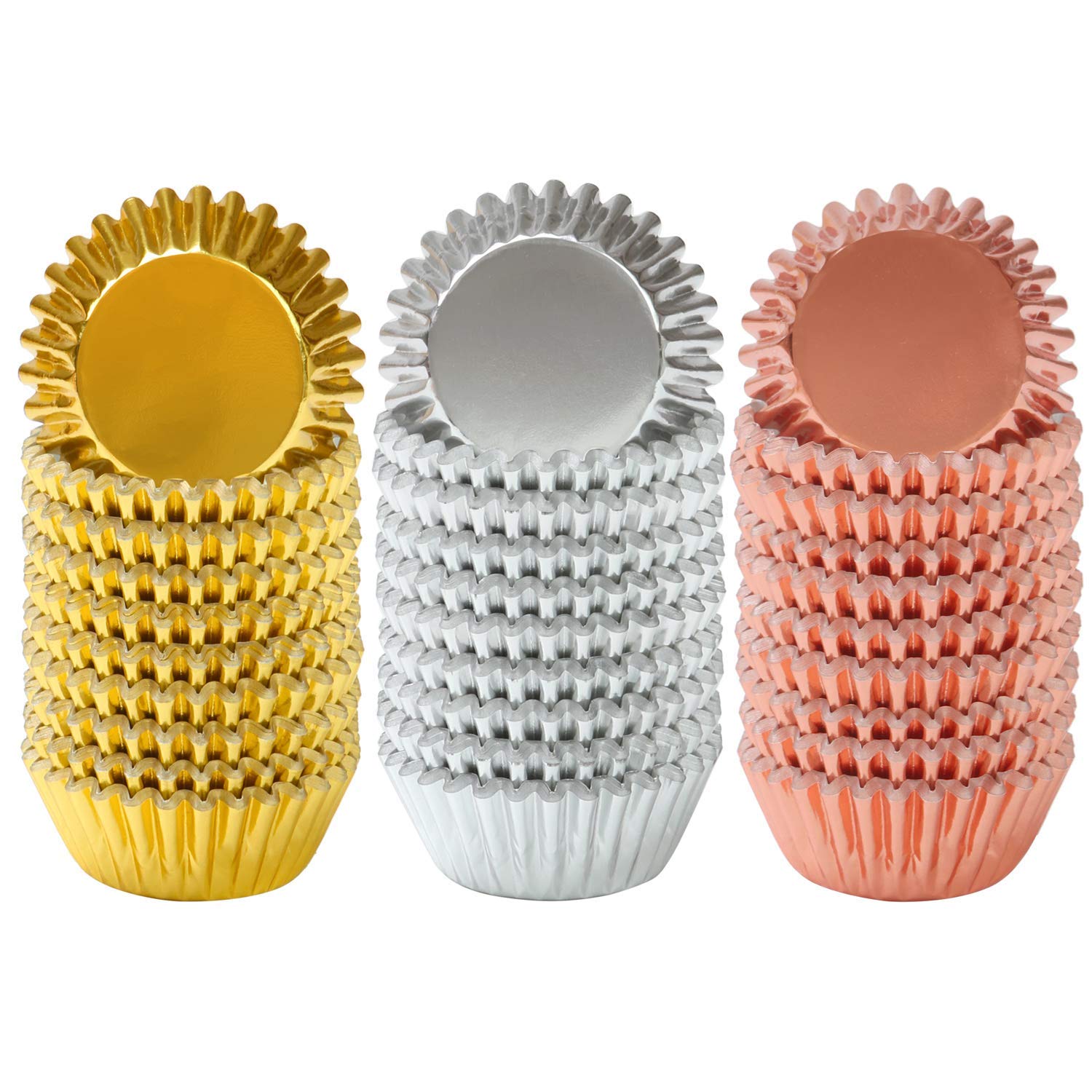 Elcoho 600 Pieces 1.25 Inch Mini Foil Metallic Cupcake Liners Muffin Paper Cases Baking Cups, Gold, Silver and Rose Gold (Gold, Silver and Rose Gold)