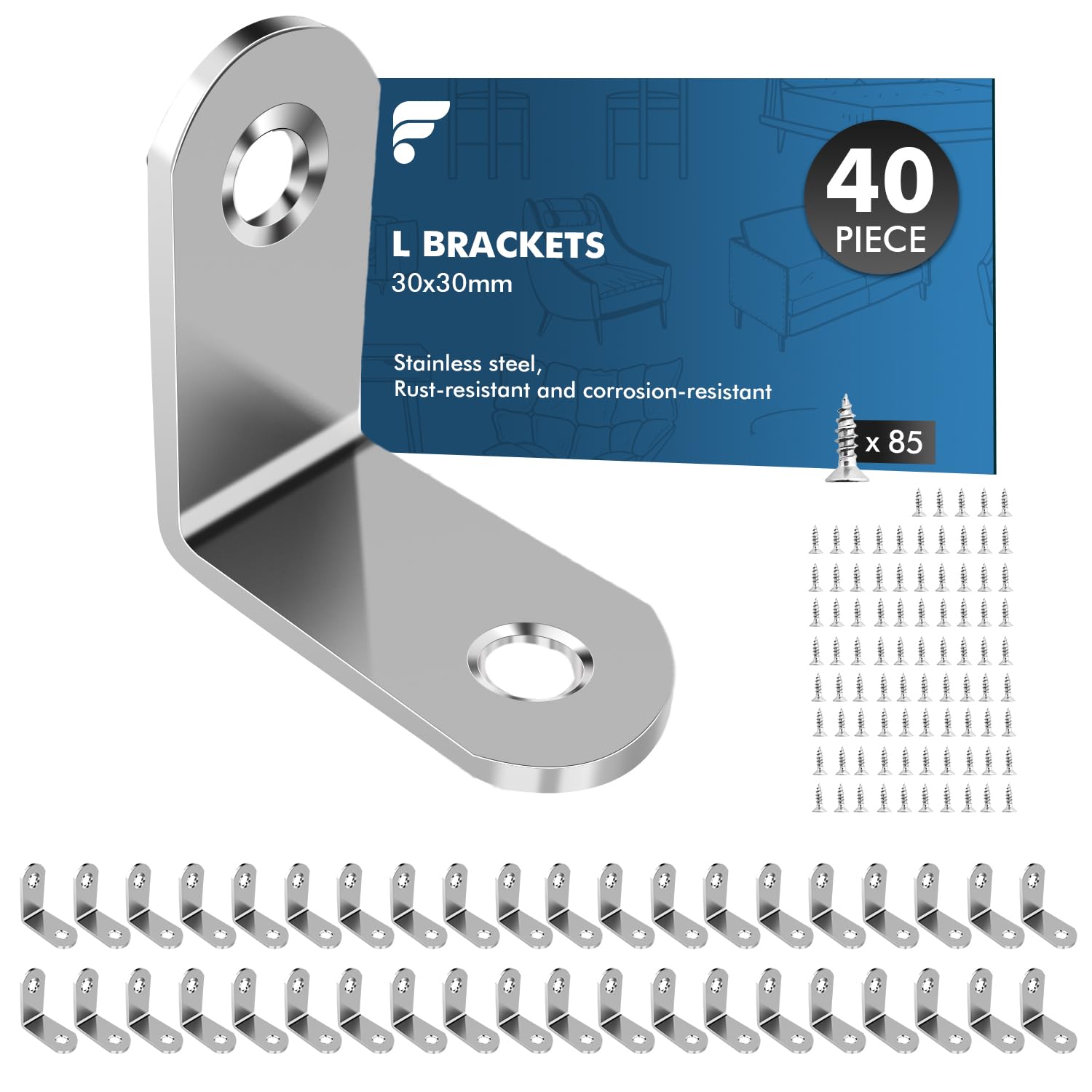 Shinfly Angle Brackets 40 Pcs, L Brackets for Wood with 85 Pcs Screws, 30 x 30mm Corner Metal for Wood for Furniture Shelves Chair Table Window