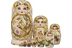 Moonmo 10pcs Golden Flower Fairy with Bird Handmade Wooden Russian Nesting Dolls Matryoshka Wooden Toys