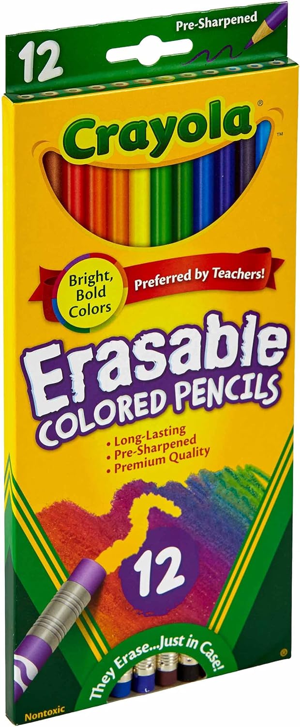 Crayola Erasable Colored Pencils, 12 Non-Toxic, Pre-Sharpened, Kids 4 & Up, Assorted Colors: Toys & Games