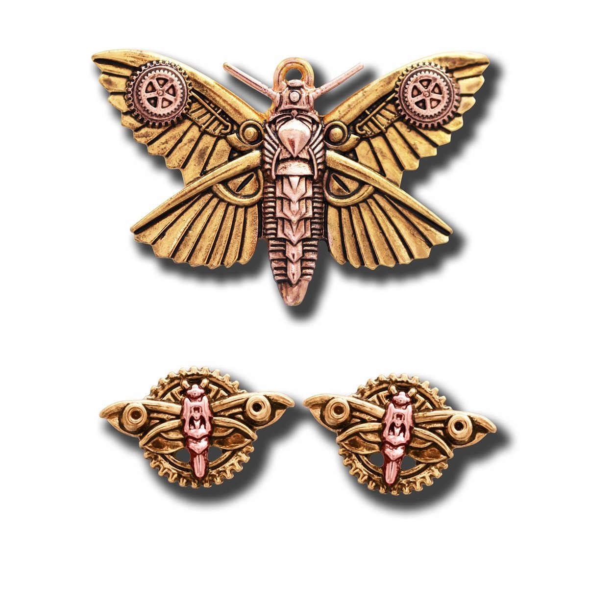 ANNE STOKES Magradore's Moth - Steampunk Pendant Necklace & Earring Set - for Personal Transformation - Engineerium