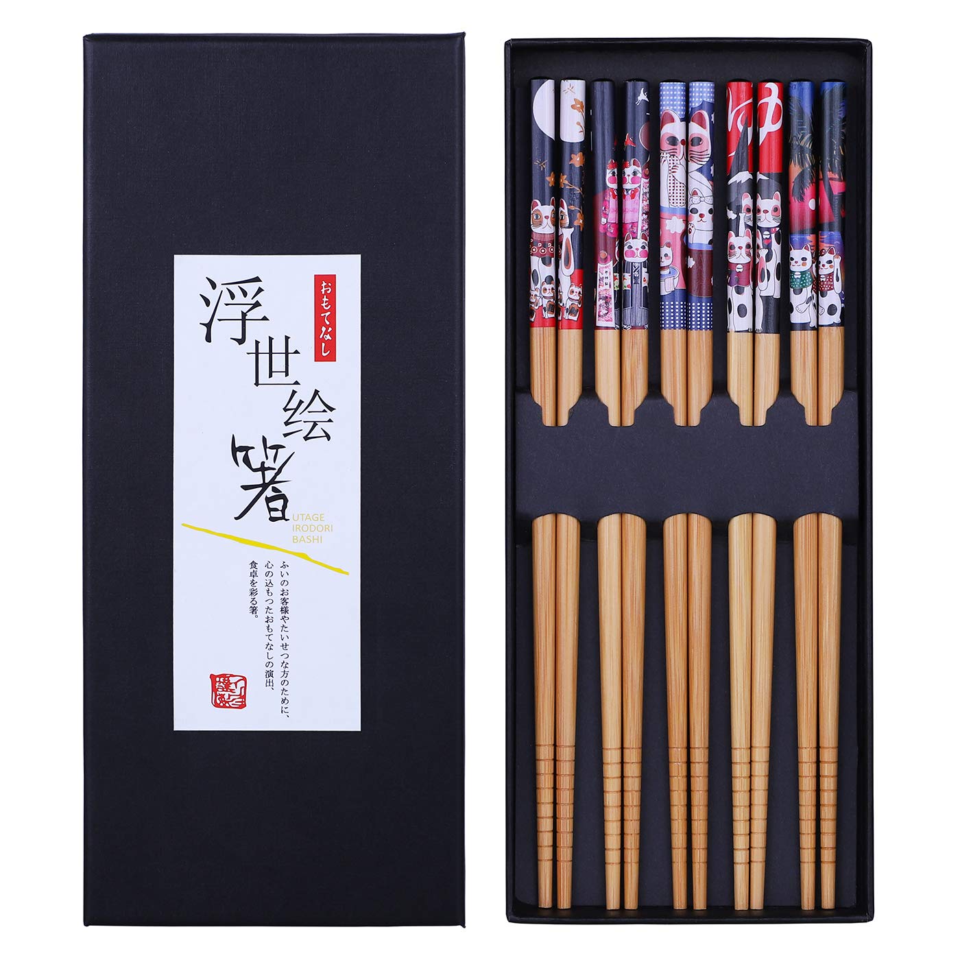 Antner Bamboo Chopsticks Gift Set – 5 Pairs Japanese Style Reusable Natural Bamboo Chopsticks, Lucky Cat Style