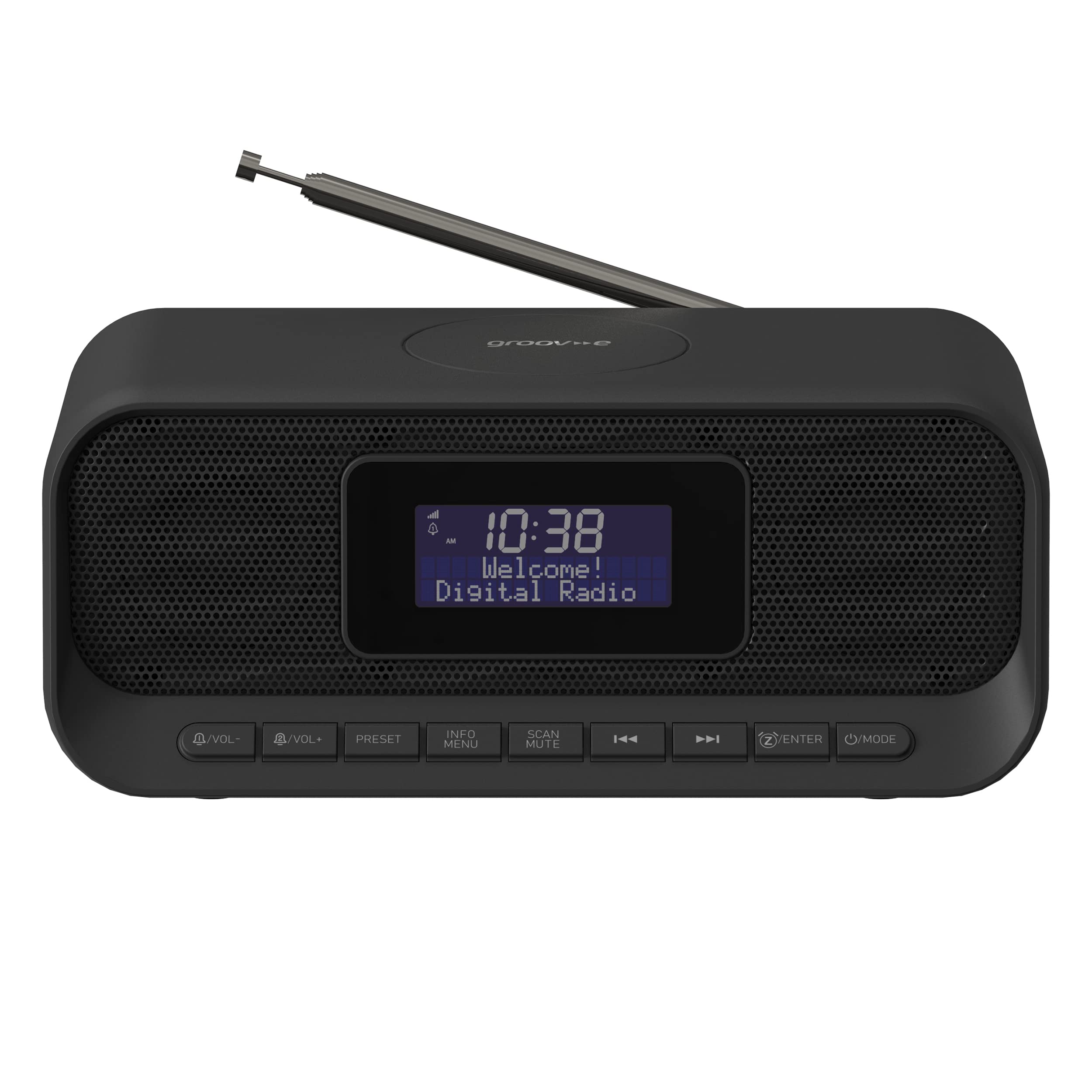 Groov-e Zeus DAB & FM Clock Radio - Dual System Alarm Clock with Bluetooth Connectivity, Wireless Charging, & USB Charging Port - LCD Display - Mains Operated - 60 Preset Stations - Black